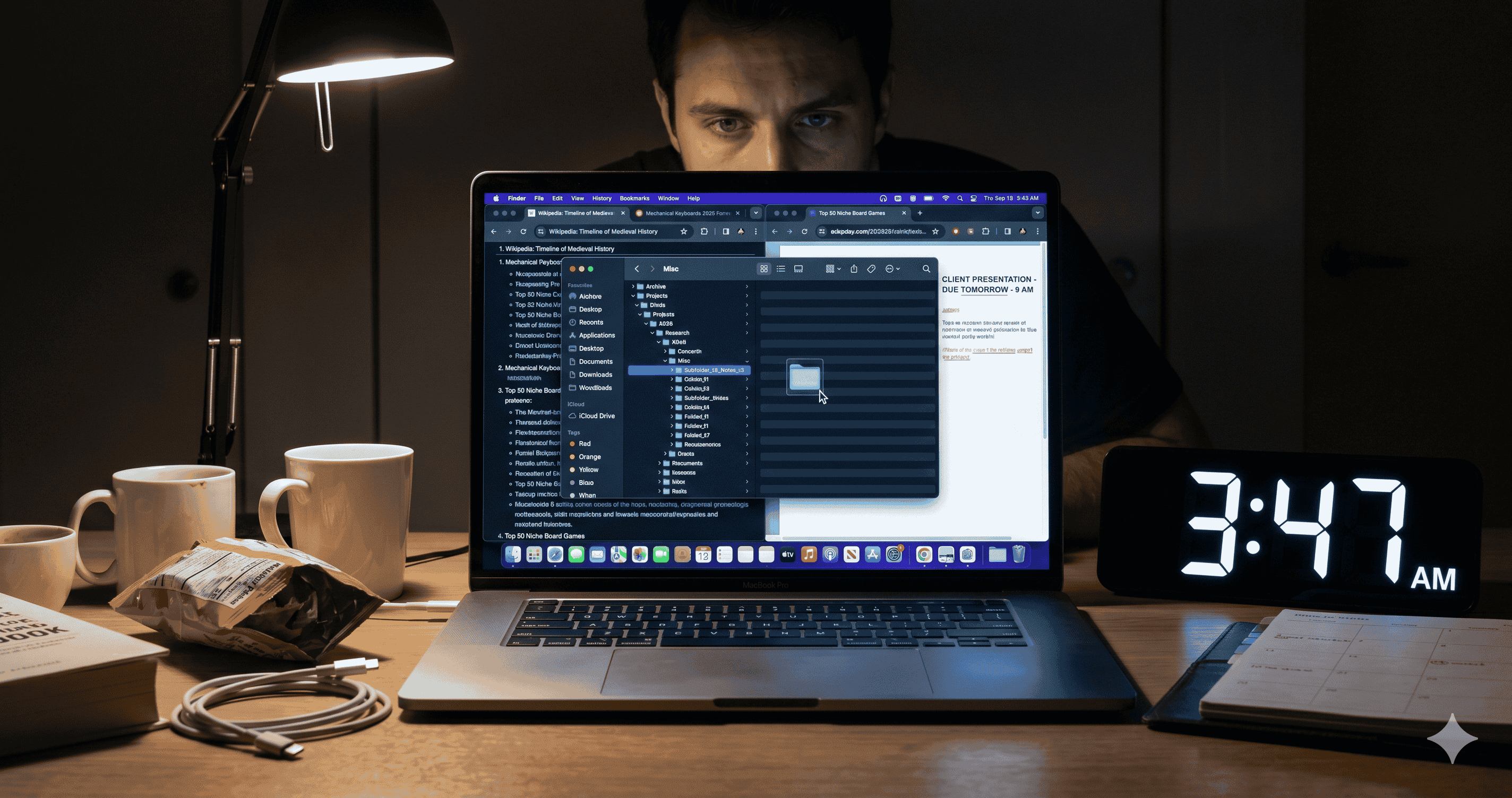 A cluttered Mac desktop with reorganized folders and open tabs while the real deadline waits, the visible cost of ADHD hyperfocus on wrong things.