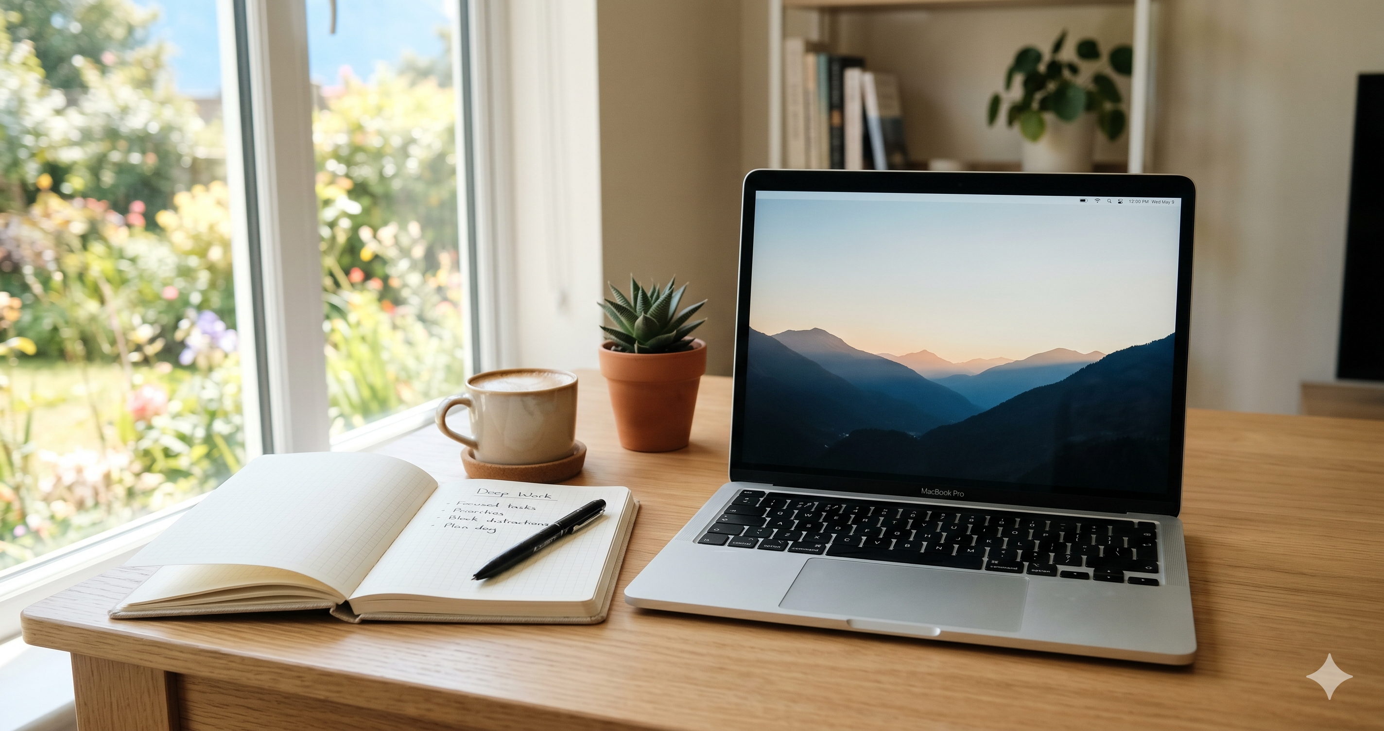 A Mac desk at noon with the browser closed and a notebook open — the calm an app to block distracting websites is supposed to give back.