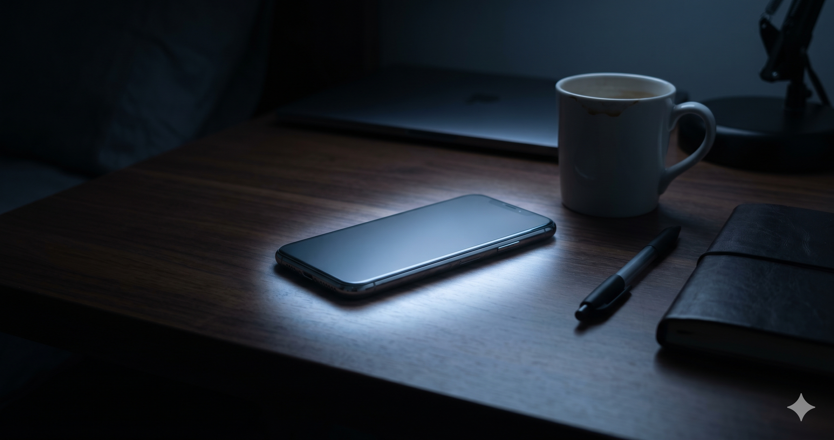 A glowing phone face-down on a desk at midnight — the quiet aftermath of a day lost to digital addiction.