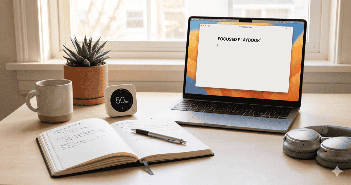 A quiet morning desk with a notebook, a timer, and a single open app — the calm setup that helps you focus with ADHD without medication.