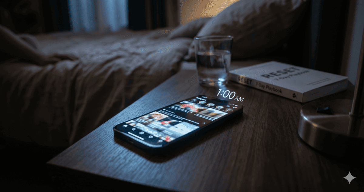 A phone glowing face-up on a bedside table at 1 a.m. — the moment most people decide they want to learn how to stop doom scrolling.