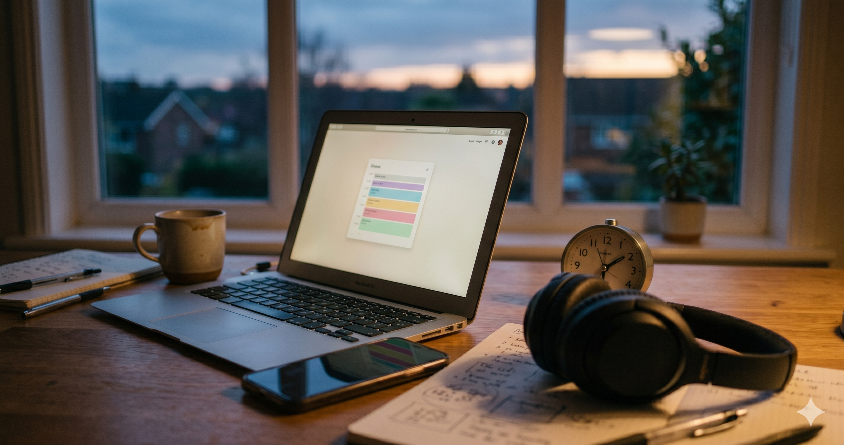 A desk at dusk with a laptop, phone, and headphones — the everyday tools that quietly steal hours from people with time blindness.