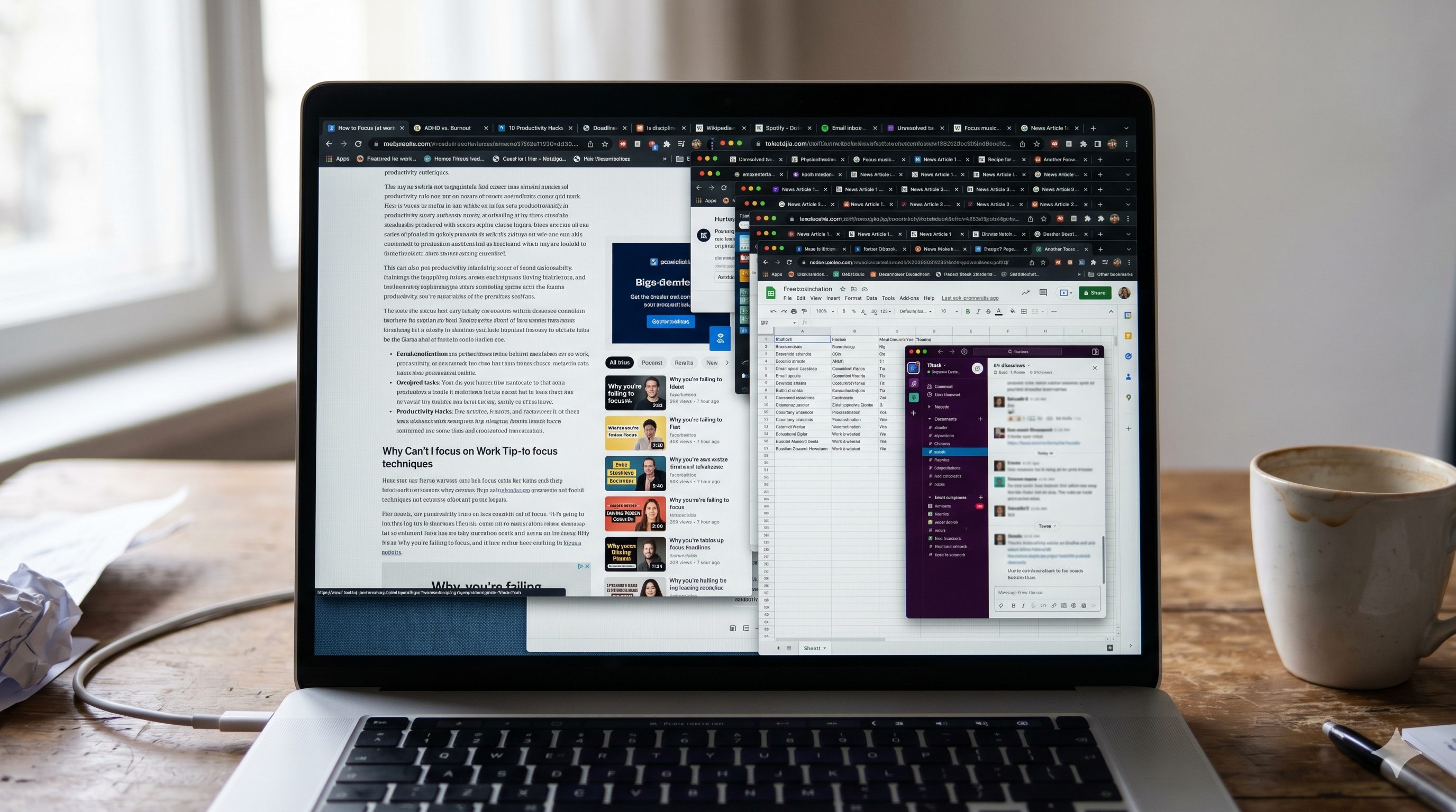 A cluttered laptop screen with too many tabs open — what it actually feels like when you can't focus on work.